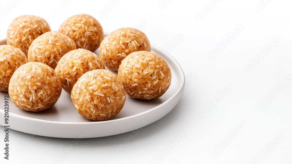Protein-packed energy balls on a minimalist plate, emitting subtle energy waves, protein intake, snack power concept Protein-packed energy balls on a minimalist plate, emitting subtle energy waves, protein intake, snack power concept