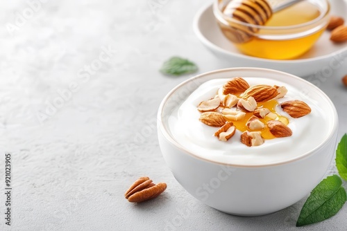 Greek yogurt topped with nuts and honey, radiating energy, protein intake, refreshing and revitalizing concept photo