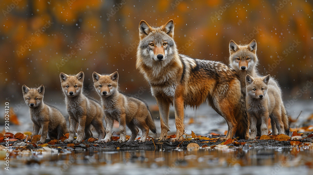 Fototapeta premium A wolf family consisting of a mother and several cubs. Live wild in the forest and hunt wild animals for food. 