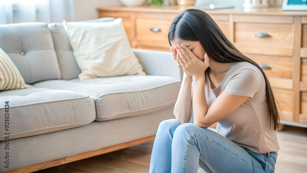 Lonely Asian Woman Feeling Sad and Unhappy, Struggling with Grief and Relationship Issues Lonely Asian Woman Feeling Sad and Unhappy, Struggling with Grief and Relationship Issues