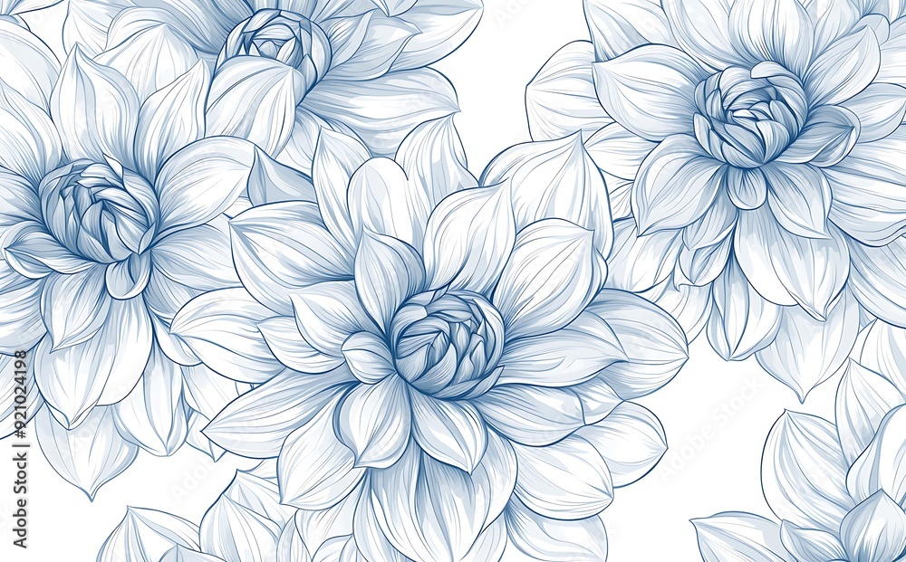 Abstract blue and white floral pattern with detailed petals. Abstract blue and white floral pattern with detailed petals.