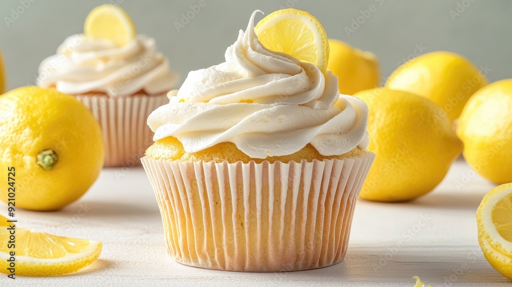 Tasty delicious lemon cream cupcake on light background Tasty delicious lemon cream cupcake on light background