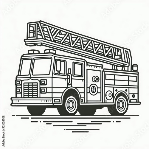 Classic fire truck illustrated in black and white line art. Ideal for children's books, educational materials, and tattoo designs.