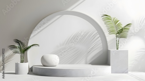 A white pedestal with two palm trees and a white ball on it. The scene is set in a room with white walls and a white ceiling