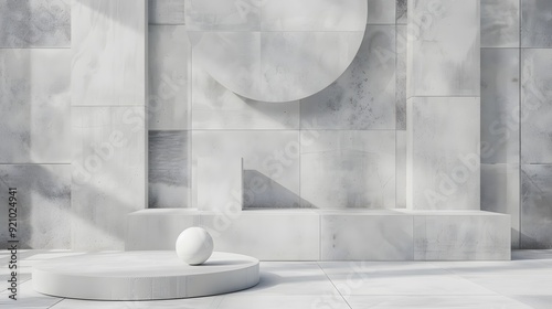 A white chair is sitting in front of a wall with a grey and white design. The chair is the only piece of furniture in the room, and it is positioned in front of the wall, creating a sense of balance