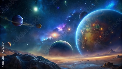 A stunning outer space scene featuring multiple planets, stars, and cosmic nebulae, with a mysterious alien landscape in the foreground, capturing the beauty of the universe