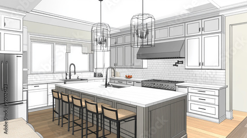 sketch design of interior kitchen,3d render and illustration