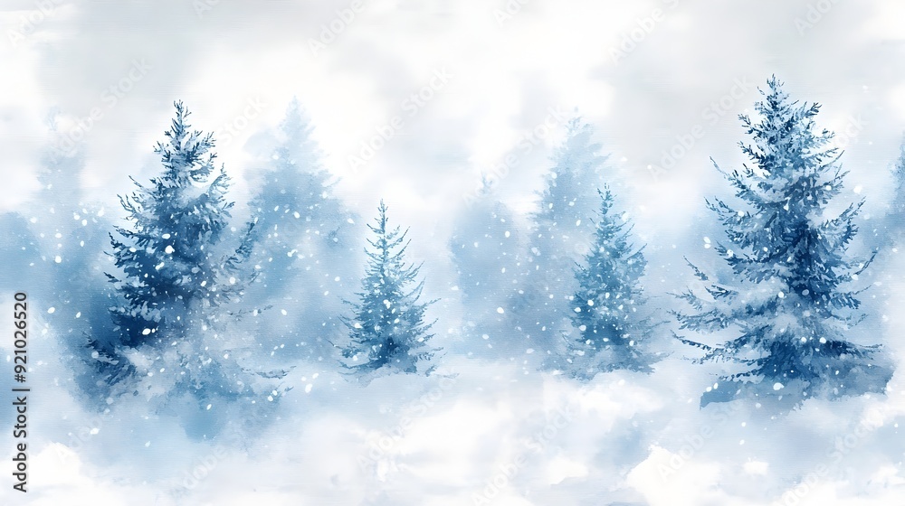 Enchanting Winter Wonderland Watercolor Landscape with Snowy Trees and Serene Atmosphere