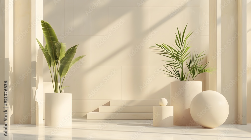 Fototapeta premium A white pedestal with two palm trees and a white ball on it. The scene is set in a room with white walls and a white ceiling