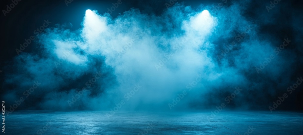 An empty dark scene with a blue abstract stage, neon light, spotlights, and a studio room flooded with smoke serves as a background for displaying products on walls. An empty dark scene with a blue abstract stage, neon light, spotlights, and a studio room flooded with smoke serves as a background for displaying products on walls.