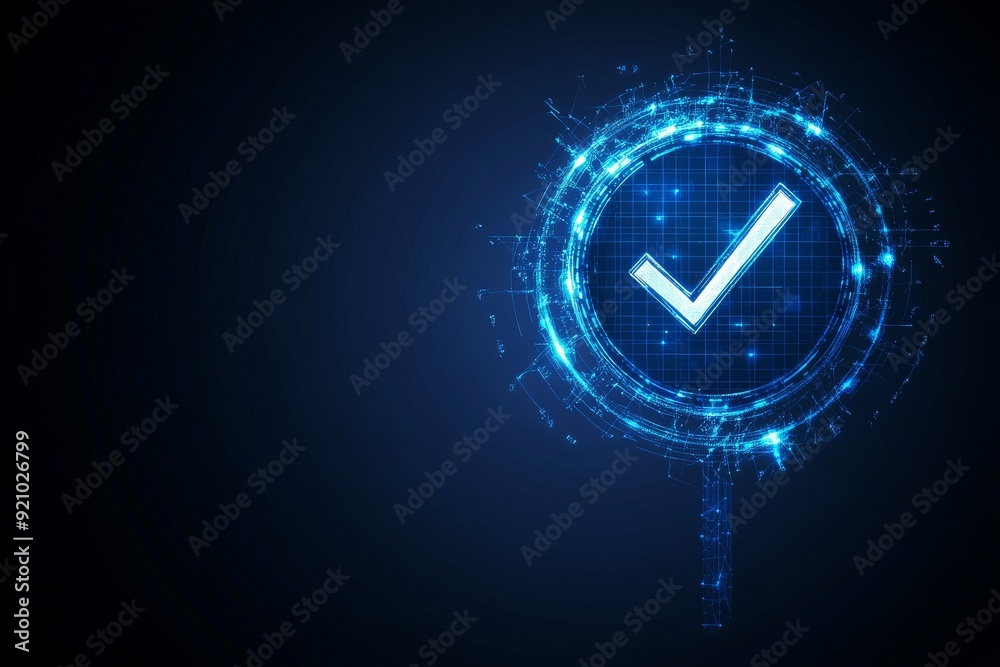 Check mark on blue abstract background. Quality Control, Assurance, Checklist, Survey, Compliance Concept, Technology Abstract Background. Check mark on blue abstract background. Quality Control, Assurance, Checklist, Survey, Compliance Concept, Technology Abstract Background.