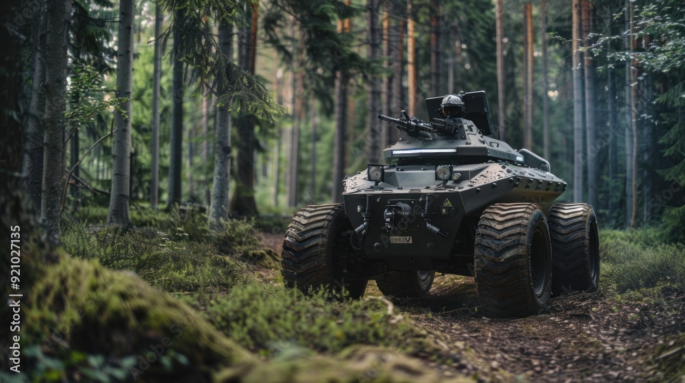Autonomous armored vehicle - a small armored vehicle that can be controlled remotely. Install machine guns and CCTV cameras. moving through the forest Autonomous armored vehicle - a small armored vehicle that can be controlled remotely. Install machine guns and CCTV cameras. moving through the forest