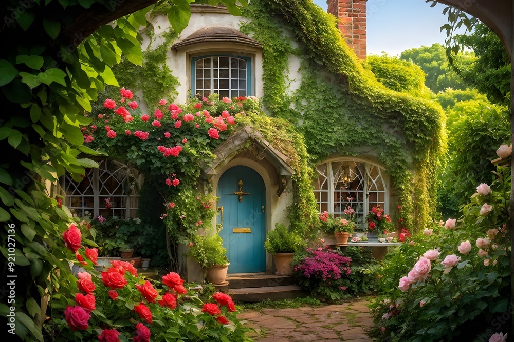 Plain Little tiny house in a floral garden with blooming flowers Plain Little tiny house in a floral garden with blooming flowers