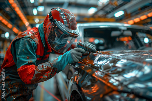 Car painter applying fresh coat of paint in auto body shop