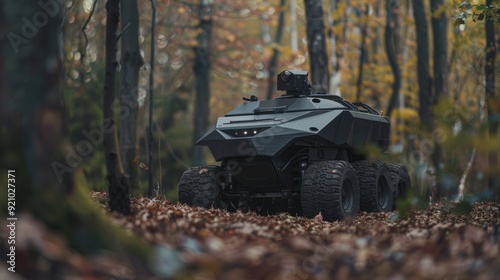 Autonomous armored vehicle - a small armored vehicle that can be controlled remotely. Install machine guns and CCTV cameras. moving through the forest