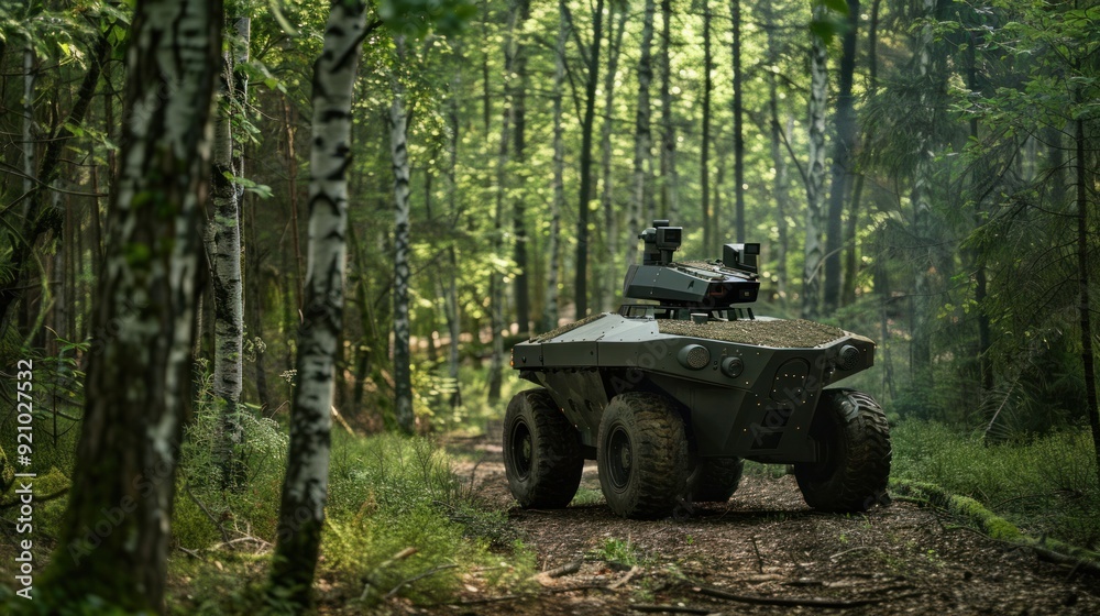 Fototapeta premium Autonomous armored vehicle - a small armored vehicle that can be controlled remotely. Install machine guns and CCTV cameras. moving through the forest
