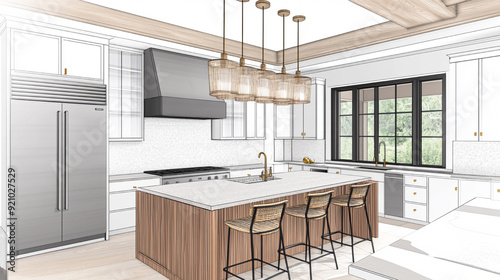 sketch design of interior kitchen,3d render and illustration