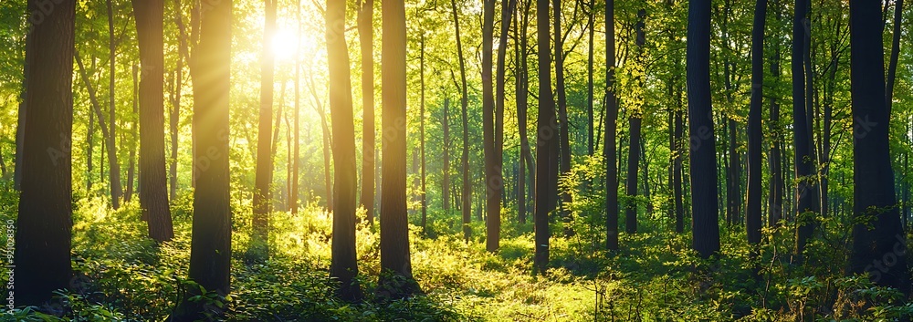 Fototapeta premium Sunlight streaming through tall trees in a dense forest.