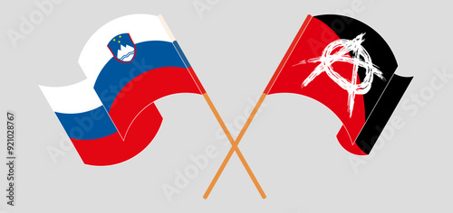 Crossed and waving flags of Slovenia and Anarchy