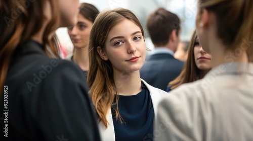 Businesswoman Conversing - Young Caucasian woman standing in a group of people talking at a business seminar. Wearing a dark blue dress and a white jacket.