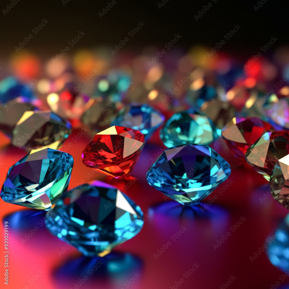 A close up of a bunch of colorful diamonds. The diamonds are of different colors and sizes, and they are arranged in a way that they are all facing the same direction. Concept of luxury and elegance A close up of a bunch of colorful diamonds. The diamonds are of different colors and sizes, and they are arranged in a way that they are all facing the same direction. Concept of luxury and elegance