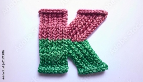 Letter K made of green and pink knit fabric, isolated on a white background photo