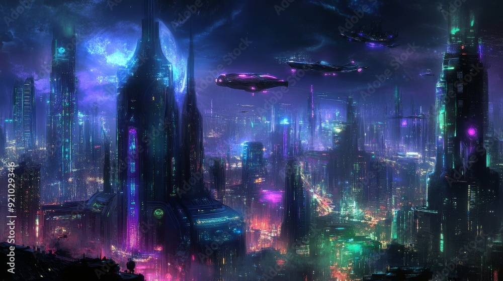 Obraz premium A futuristic cityscape with neon lights, flying cars, and advanced architecture