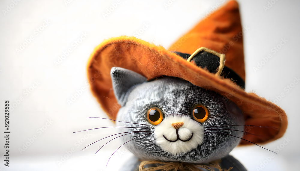 Fototapeta premium katze, stofftier, halloween, hexe, hut, close up, kostüm, denim, stoff, 3d, grau, photo, süss, tier, plüsch, teddy, copy space, isoliert, orange, spielsachen, atelier, studio, aufnahme, süss, niedlich