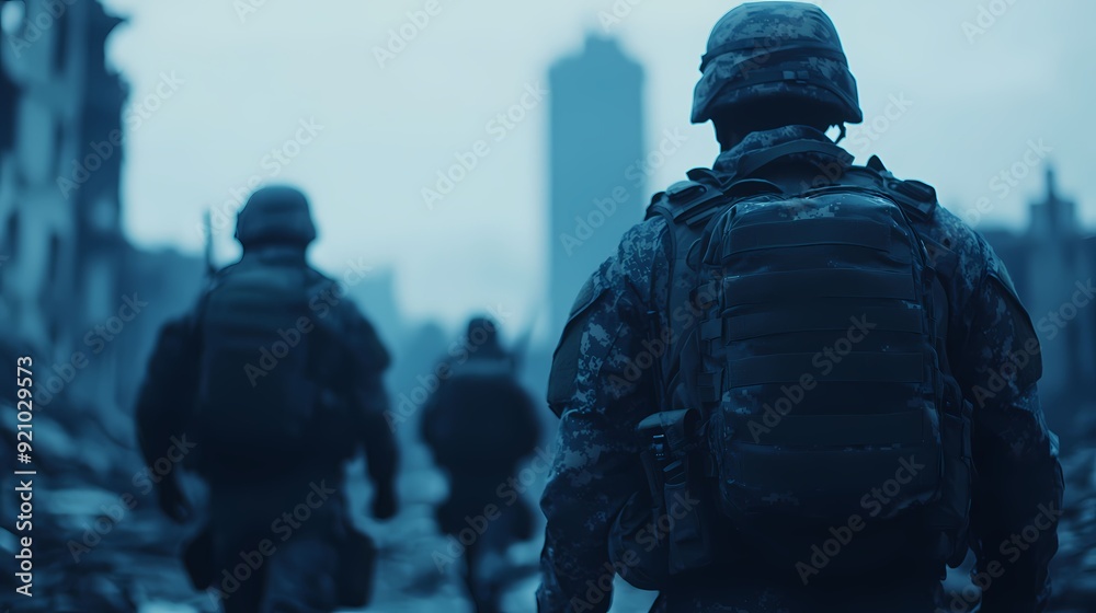 A group of soldiers navigating through a war-torn urban landscape, highlighting resilience and bravery in a challenging environment. A group of soldiers navigating through a war-torn urban landscape, highlighting resilience and bravery in a challenging environment.