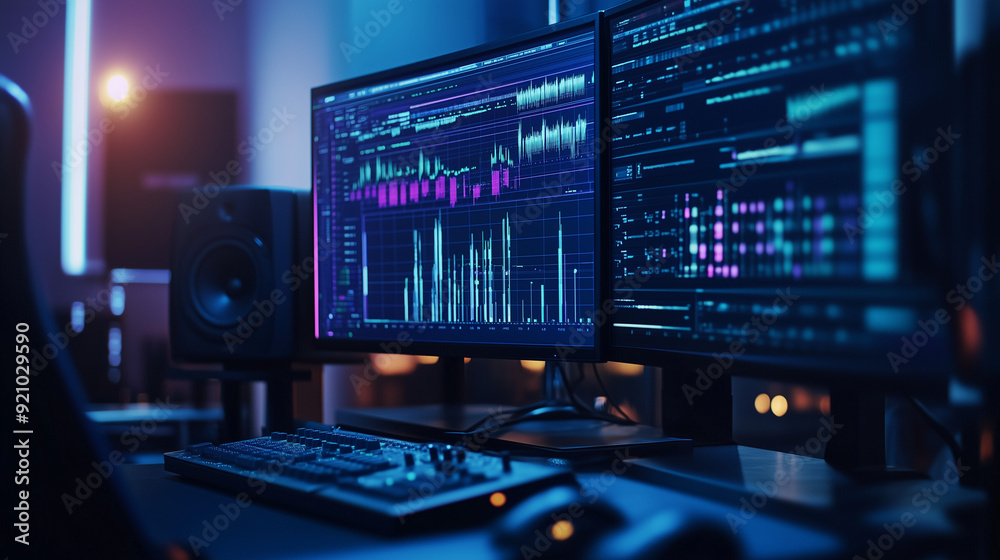 High-Tech Audio Production Studio with Multiple Monitors and Software Interfaces High-Tech Audio Production Studio with Multiple Monitors and Software Interfaces