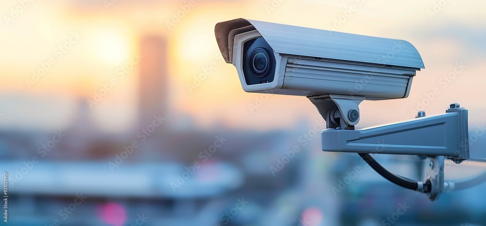 Security camera mounted on a wall, overlooking a city skyline at sunset. The camera is a symbol of surveillance and safety, providing a sense of security. Security camera mounted on a wall, overlooking a city skyline at sunset. The camera is a symbol of surveillance and safety, providing a sense of security.