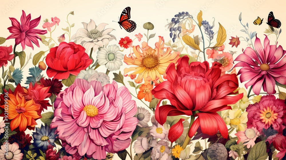 Vibrant wildflowers and butterflies create a lively and colorful nature scene. Vibrant wildflowers and butterflies create a lively and colorful nature scene.