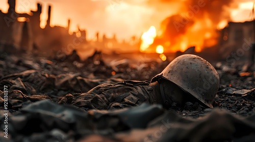 A soldier's helmet lies abandoned on a war-torn battlefield, illuminated by the fiery glow of destruction and chaos.