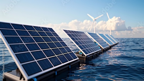 A vibrant scene of solar panels and wind turbines harnessing renewable energy on a clear day over the ocean. photo