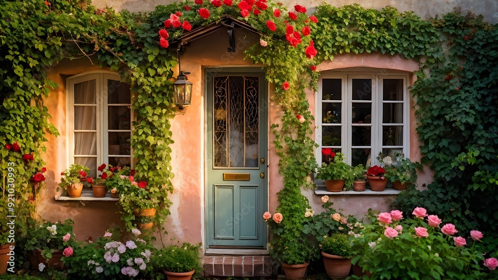 Plain Little tiny house in a floral garden with blooming flowers Plain Little tiny house in a floral garden with blooming flowers