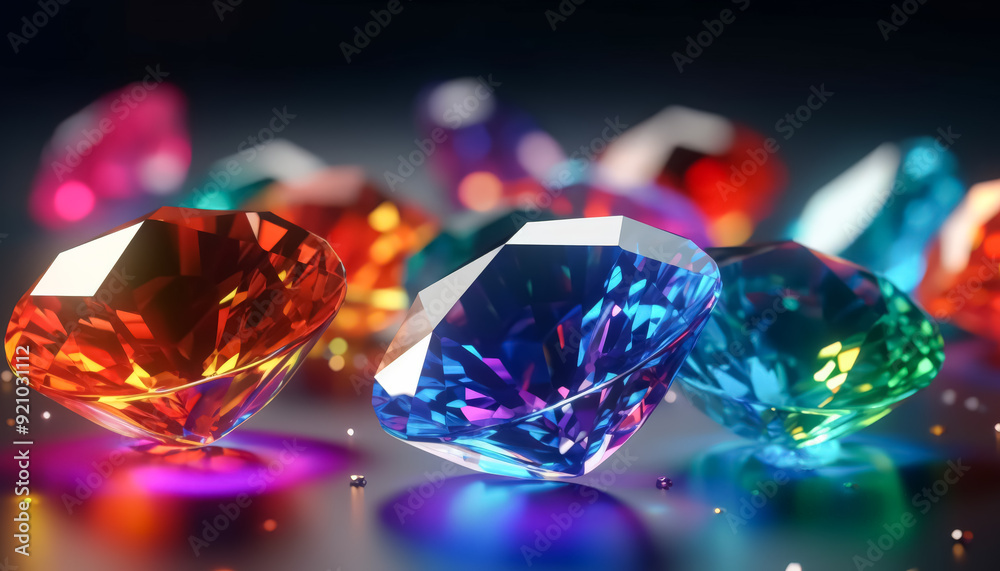 A close up of a bunch of colorful diamonds. The diamonds are of different colors and sizes, and they are arranged in a way that they are all facing the same direction. Concept of luxury and elegance A close up of a bunch of colorful diamonds. The diamonds are of different colors and sizes, and they are arranged in a way that they are all facing the same direction. Concept of luxury and elegance