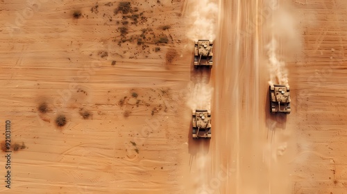 Aerial view of military tanks moving through a dusty desert landscape, showcasing strength and mobility in challenging terrain.