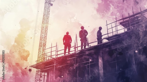 Silhouetted construction workers oversee a building site, with dramatic colors in the background, symbolizing labor and progress. photo