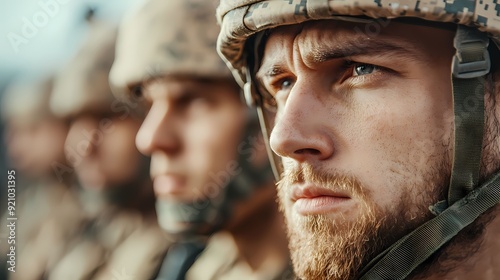 Close-up of a soldier in uniform, showcasing determination and readiness during a training exercise or military operation.