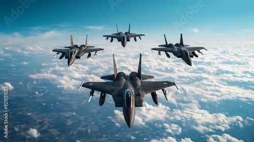 Formation of military jets soaring through a bright blue sky above fluffy clouds, showcasing power and precision.