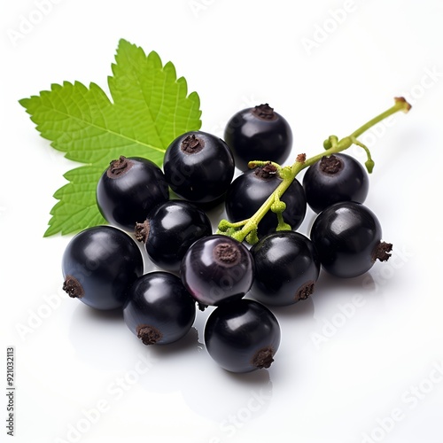 A cluster of fresh blackcurrants with green leaves on a white background.