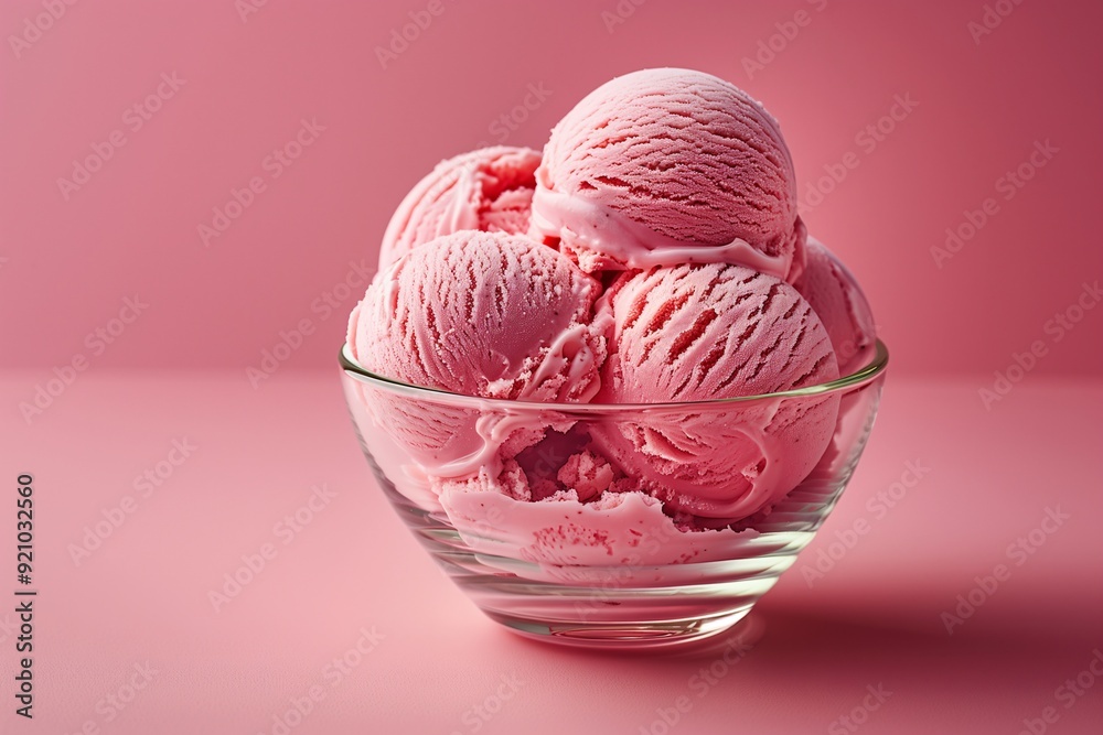 Strawberry Ice Cream Scoops in a Glass Bowl Isolated on Solid Pink Background Strawberry Ice Cream Scoops in a Glass Bowl Isolated on Solid Pink Background