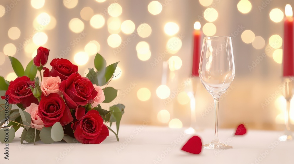 Elegant table setting with red roses, candles, and wine glass. Perfect for romantic dinner or special celebration, with bokeh background lights. Elegant table setting with red roses, candles, and wine glass. Perfect for romantic dinner or special celebration, with bokeh background lights.