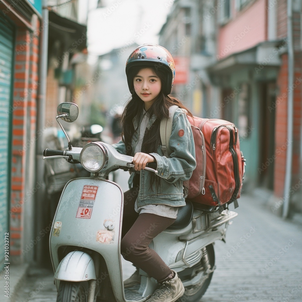 Girl on a Scooter in an Urban Setting. Girl on a Scooter in an Urban Setting.