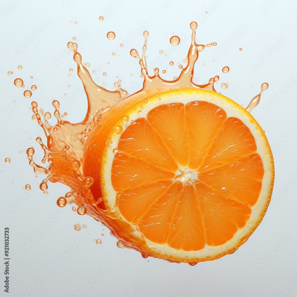 A juicy orange slice with a splash of orange juice around it. A juicy orange slice with a splash of orange juice around it.