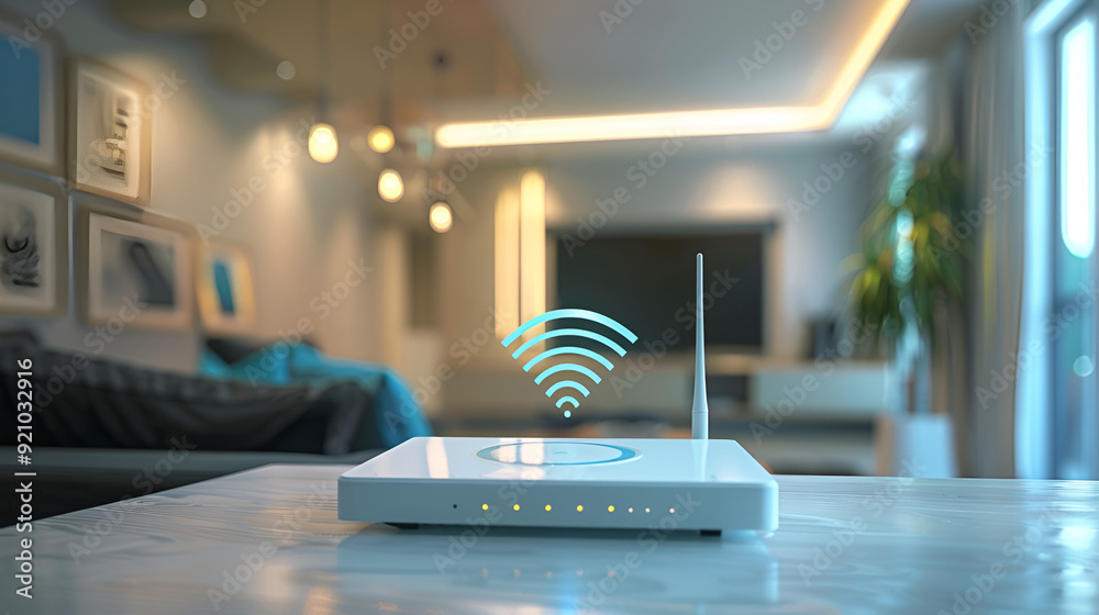 Wi-Fi router in the modern smart home above which 3D icon, blur effect in the backgraund