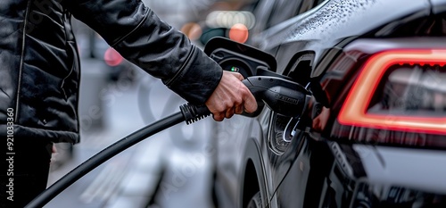 Person charging an electric car.  A black electric car is being plugged in on a street.  The person is wearing a black leather jacket.  This is a photo of a modern, clean energy vehicle.