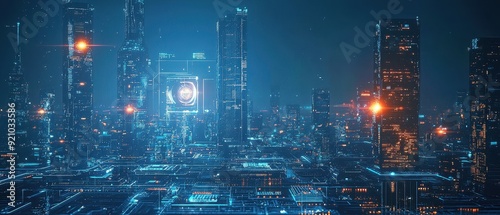 Wallpaper Mural Futuristic Cityscape with Digital Overlays Torontodigital.ca