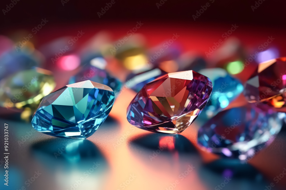 Three colorful diamonds are displayed on a table. The diamonds are of different colors, including blue, red, and yellow. The arrangement of the diamonds creates a visually appealing Three colorful diamonds are displayed on a table. The diamonds are of different colors, including blue, red, and yellow. The arrangement of the diamonds creates a visually appealing