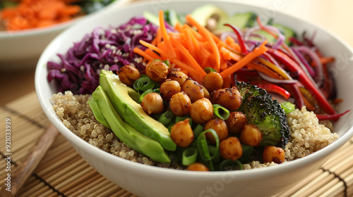 a vegan Buddha bowl, with quinoa, avocado, roasted chickpeas, and vibrant vegetables, arranged in a gradient pattern, served on a white ceramic bowl with a bamboo mat underneath